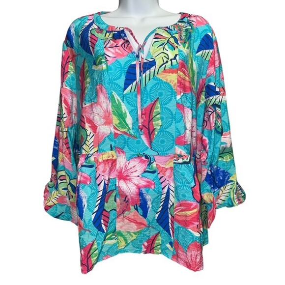 Ali Miles 1X Top Pink Blue Floral Wide Peasant Rayon Nylon Pockets Flare Sleeves - Picture 1 of 5